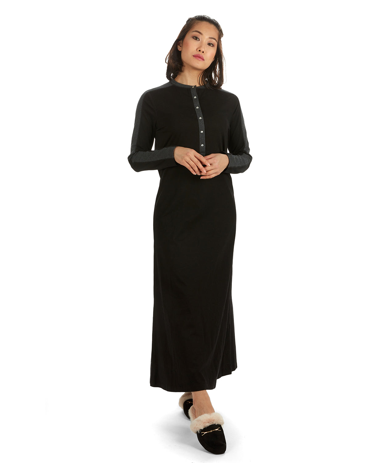 Women's Modest Long Placket Ankle-Length Cotton Blend Gown : Color: Black Charcoal