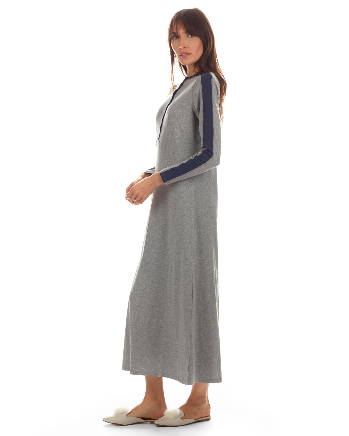 Women's Modest Long Placket Ankle-Length Cotton Blend Gown : Color: Med Gray Heather 