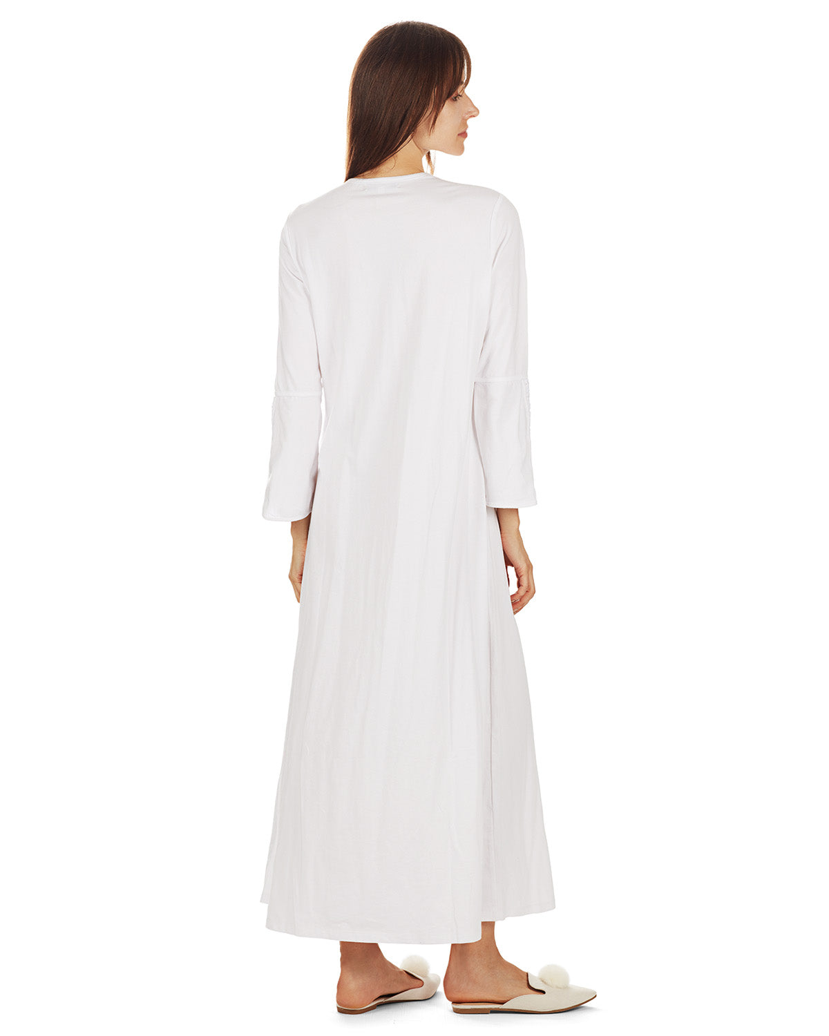 Women's Bell Sleeve Trimmed Long Cotton Blend Placket Gown : Color: White