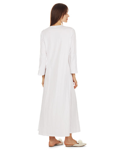 Women's Bell Sleeve Trimmed Long Cotton Blend Placket Gown : Color: White