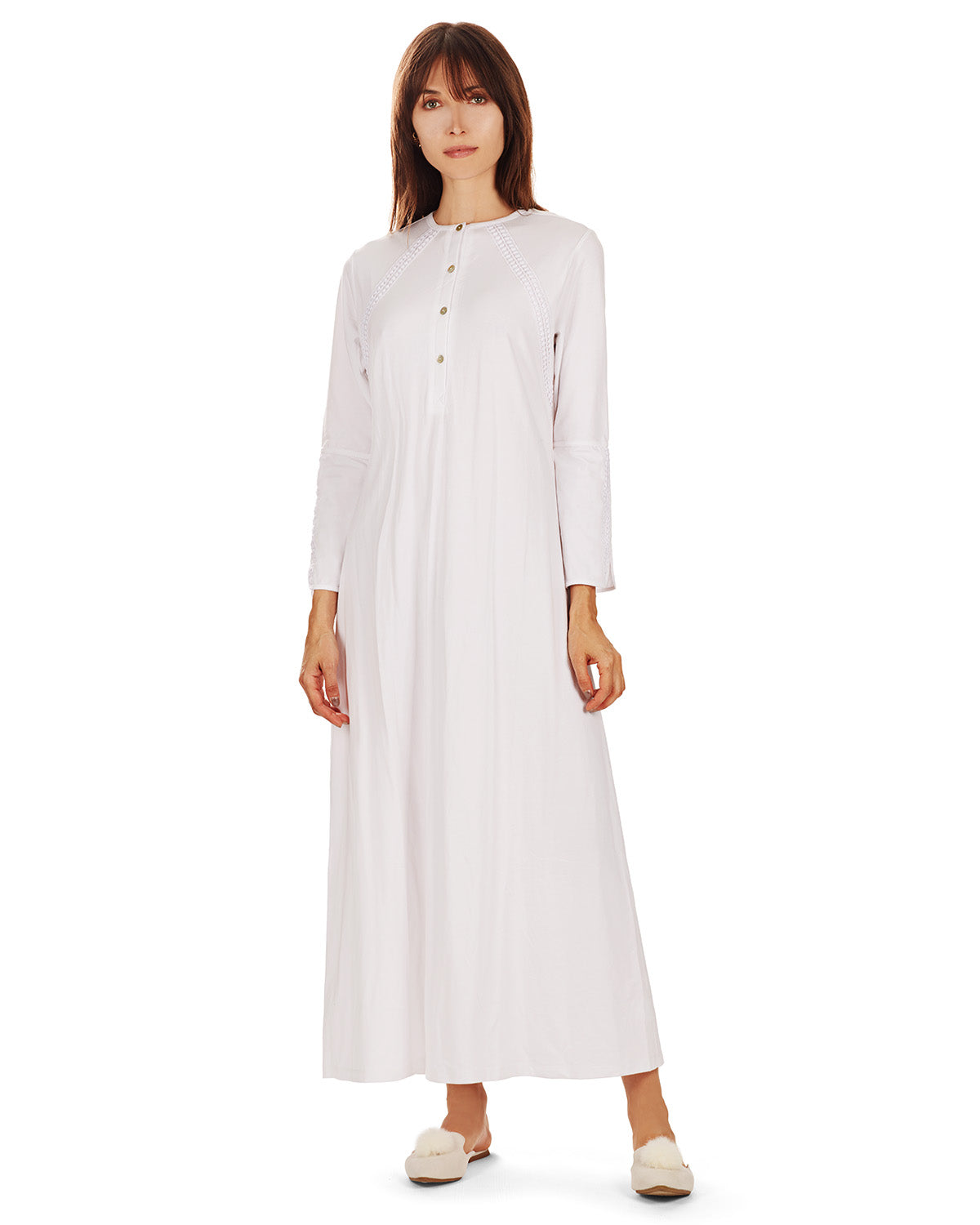 Women's Bell Sleeve Trimmed Long Cotton Blend Placket Gown : Color: White