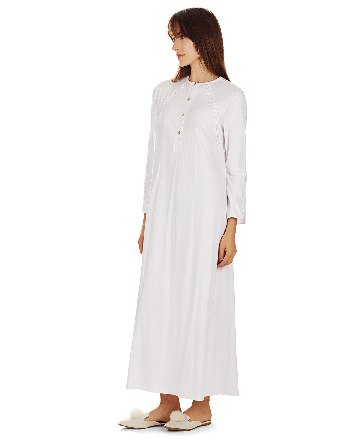 Women's Bell Sleeve Trimmed Long Cotton Blend Placket Gown : Color: White