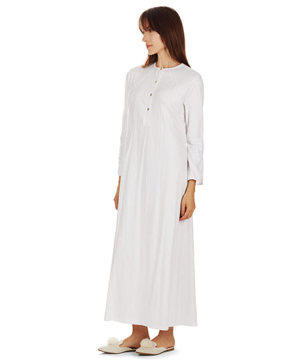 Women's Bell Sleeve Trimmed Long Cotton Blend Placket Gown : Color: White