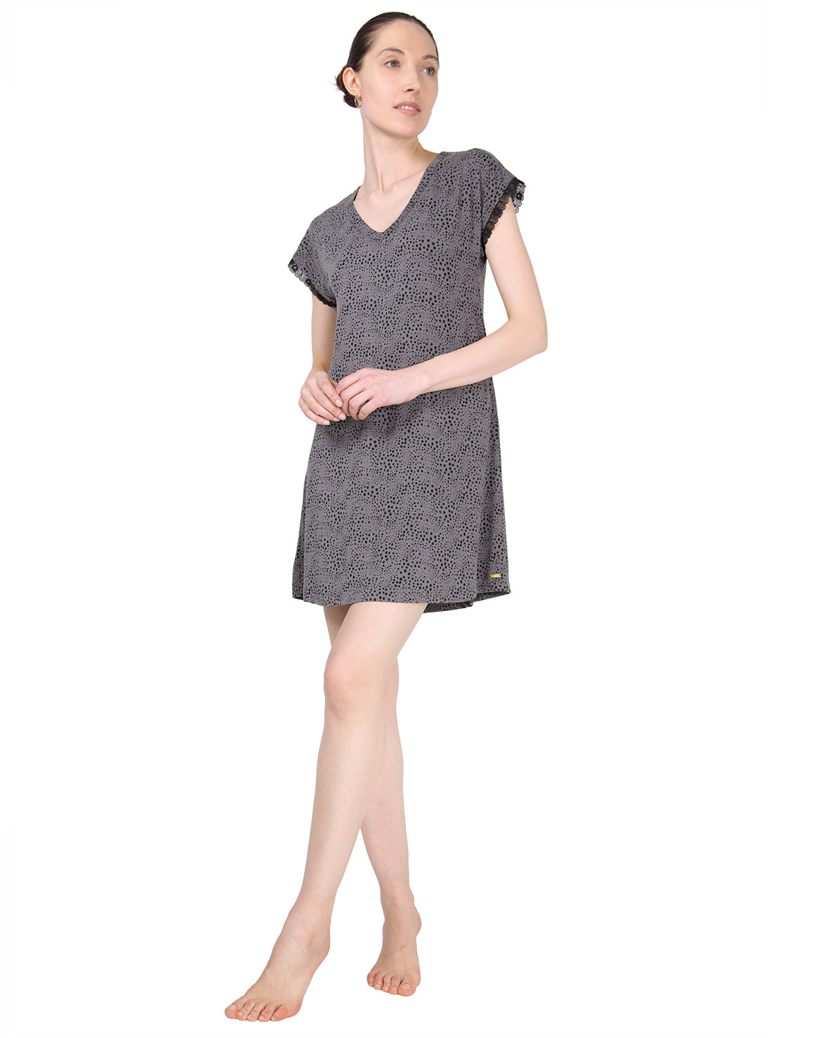 Women's Ultra-Soft Lace Trim V-Neck Animal Print Sleep Shirt : Color: Animal Print