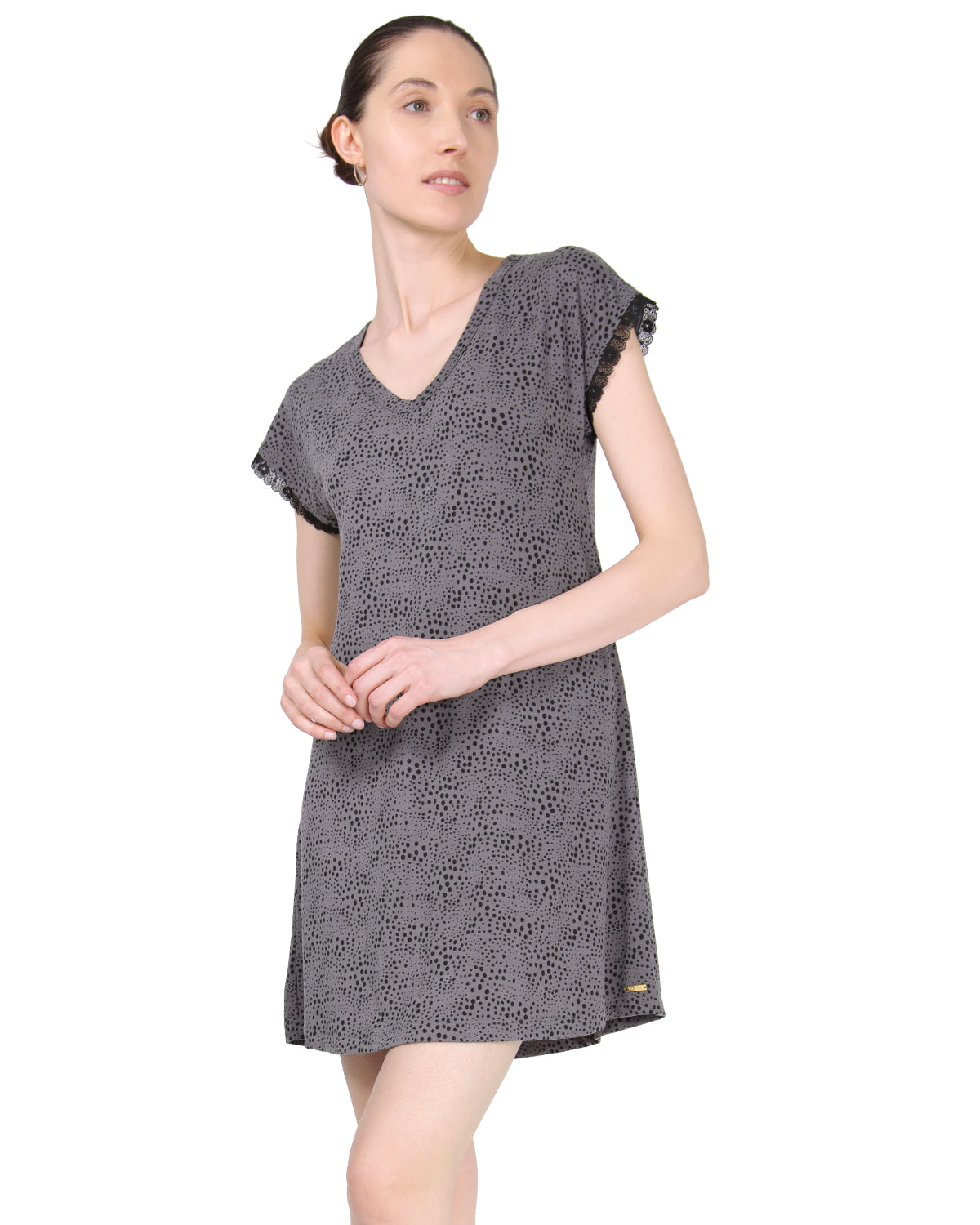 Women's Ultra-Soft Lace Trim V-Neck Animal Print Sleep Shirt : Color: Animal Print