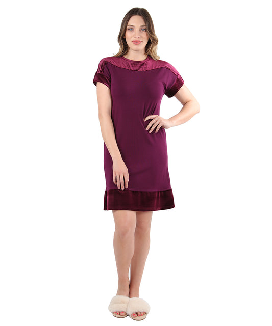 Women's Smooth Velour Luxe Frosted Trim Nightshirt : Color: Burgundy