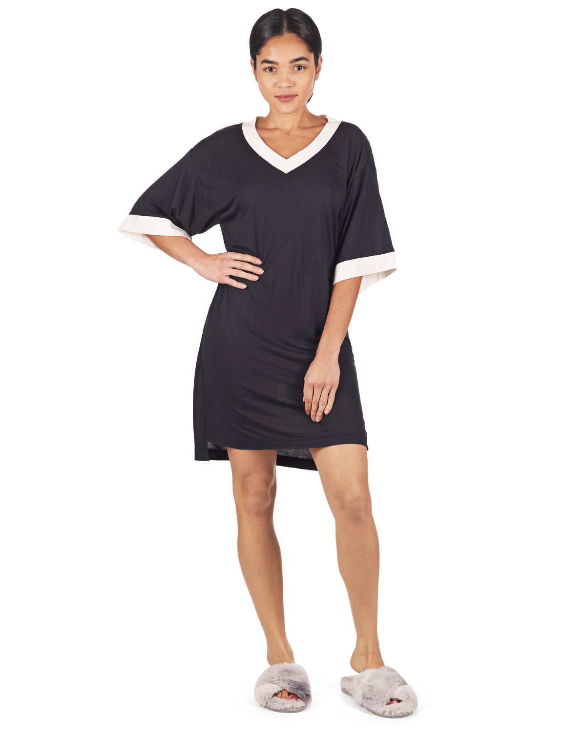 Women's Contrast Trim Basic Loose Modal Sleepshirt : Color: Black