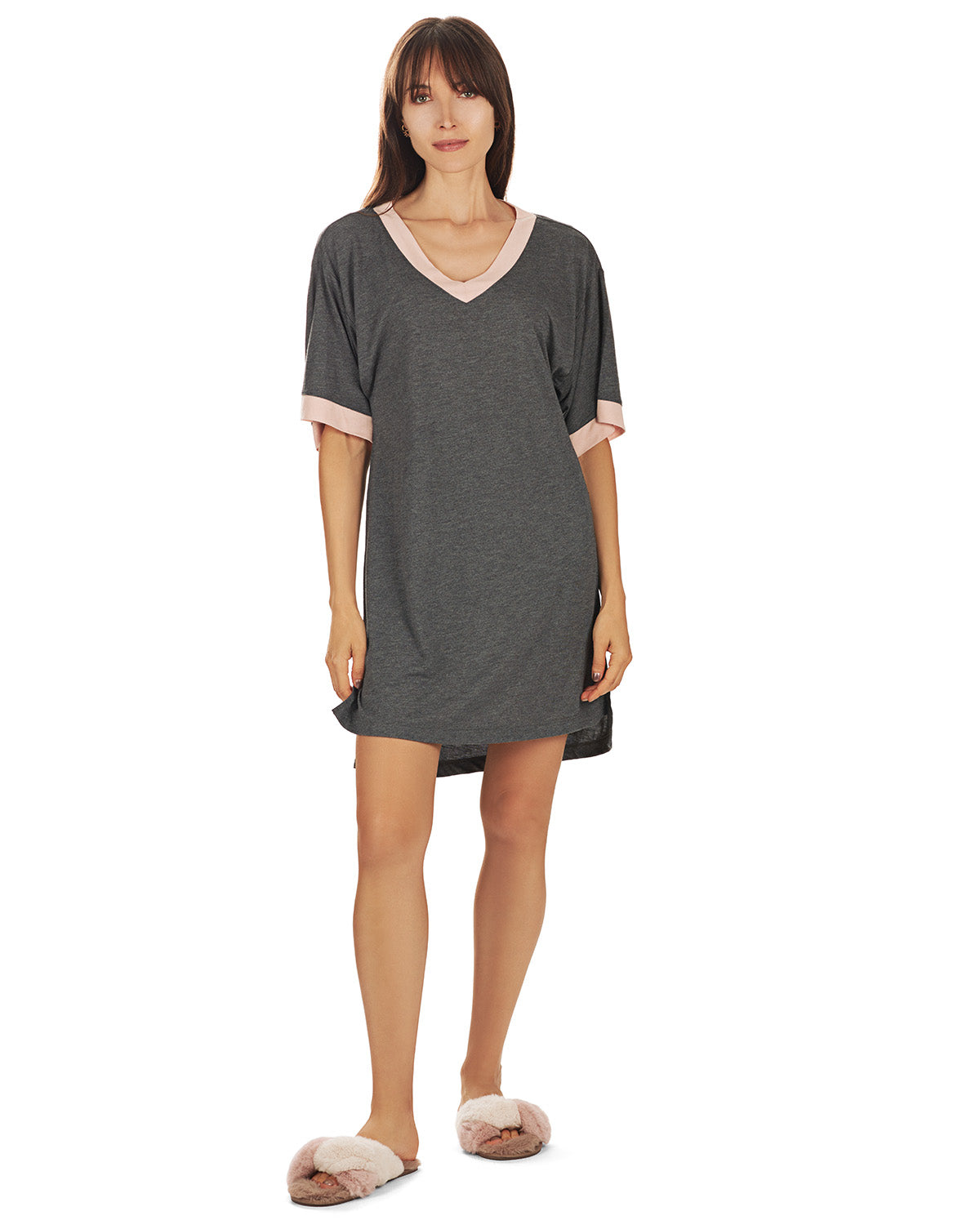 Women's Contrast Trim Basic Loose Modal Sleepshirt : Color: Gray Heather