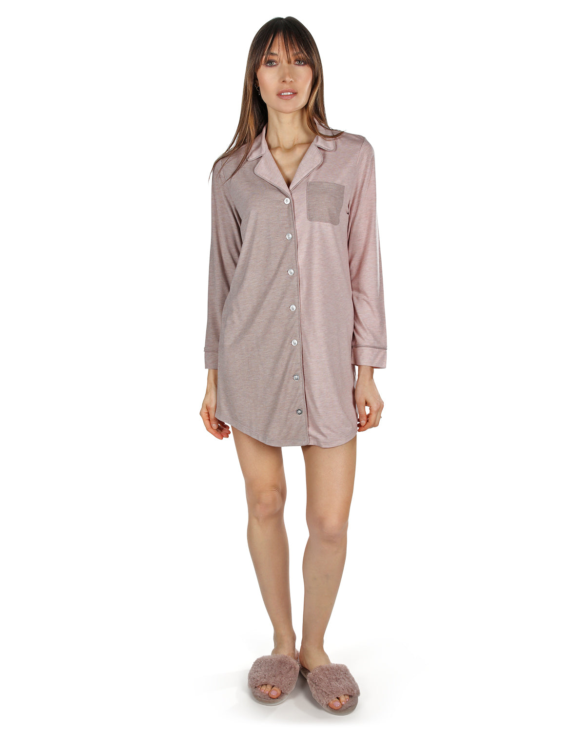 Women's Colorblock Modal Button-Down Nightshirt : Color: Blush-Taupe Heather