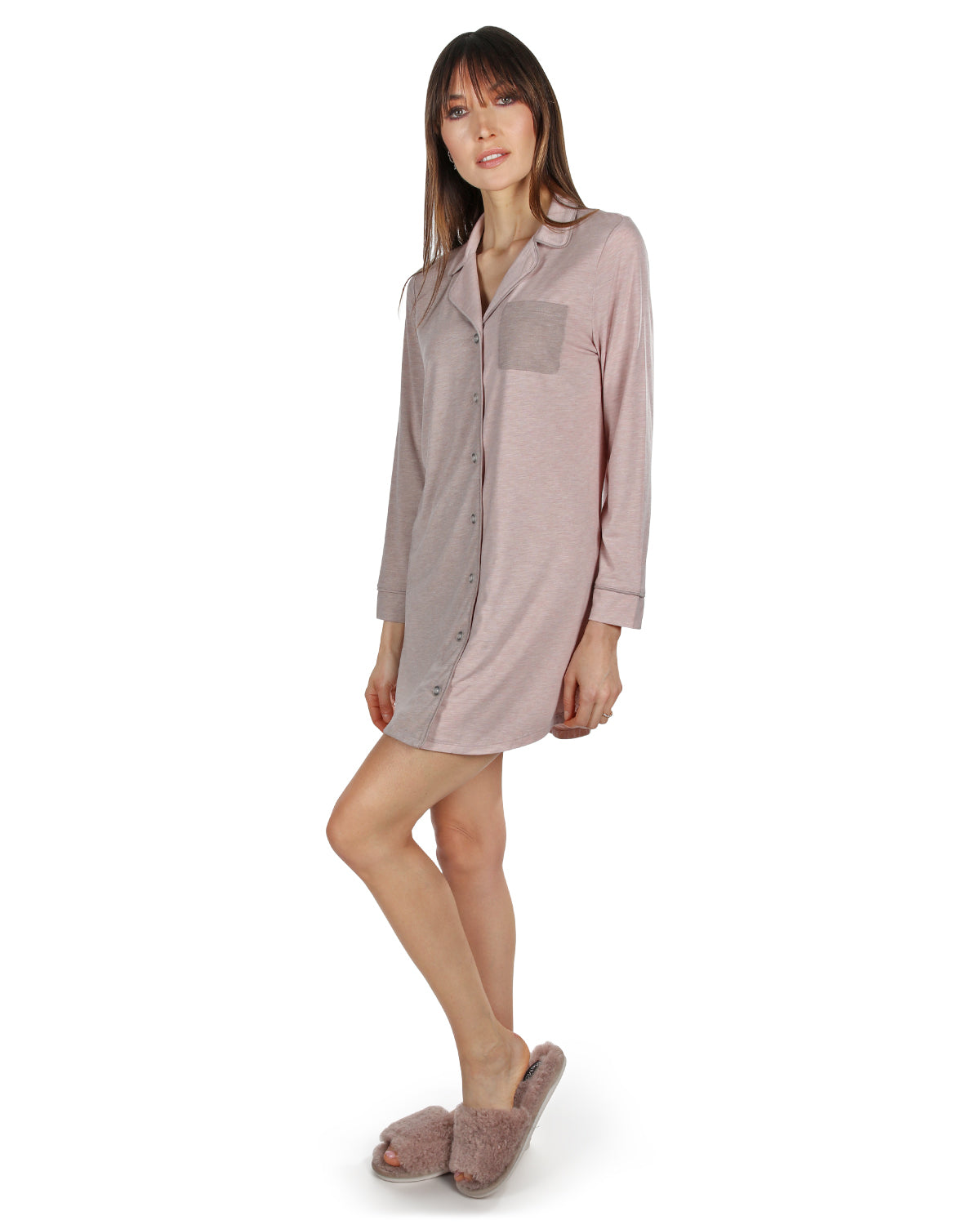 Women's Colorblock Modal Button-Down Nightshirt : Color: Blush-Taupe Heather