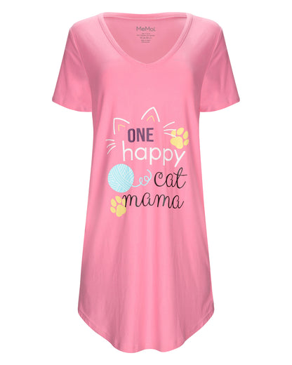Women's One Happy Cat Mama V-Neck Sleepshirt : Color: Pink
