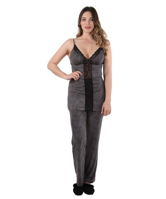 Women's Lace Trim Animal Print Lightweight Cami Pajama Set : Color: Animal Print