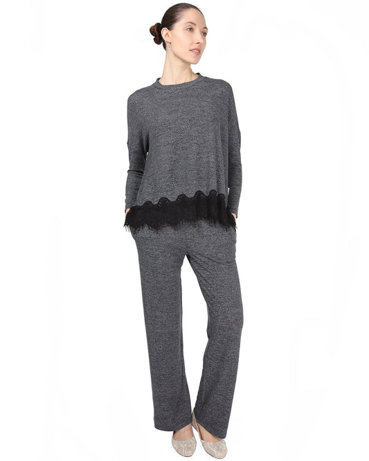 Women's Long Sleeve Lounge Set with Contrast Lace Hem : Color: Charcoal Heather