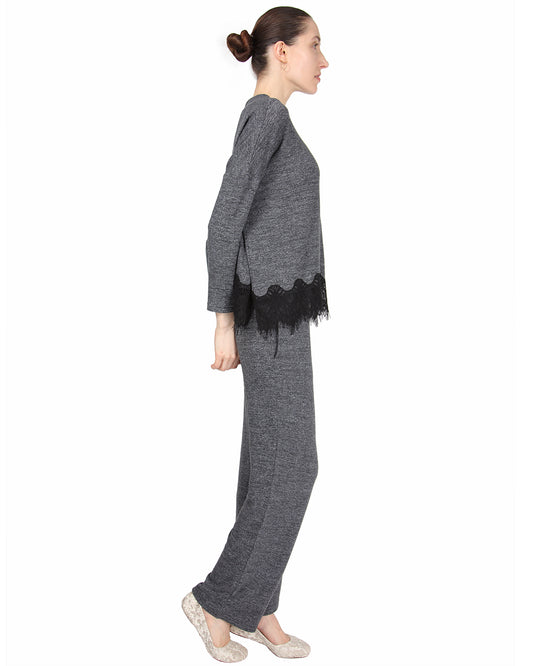 Women's Long Sleeve Lounge Set with Contrast Lace Hem : Color: Charcoal Heather
