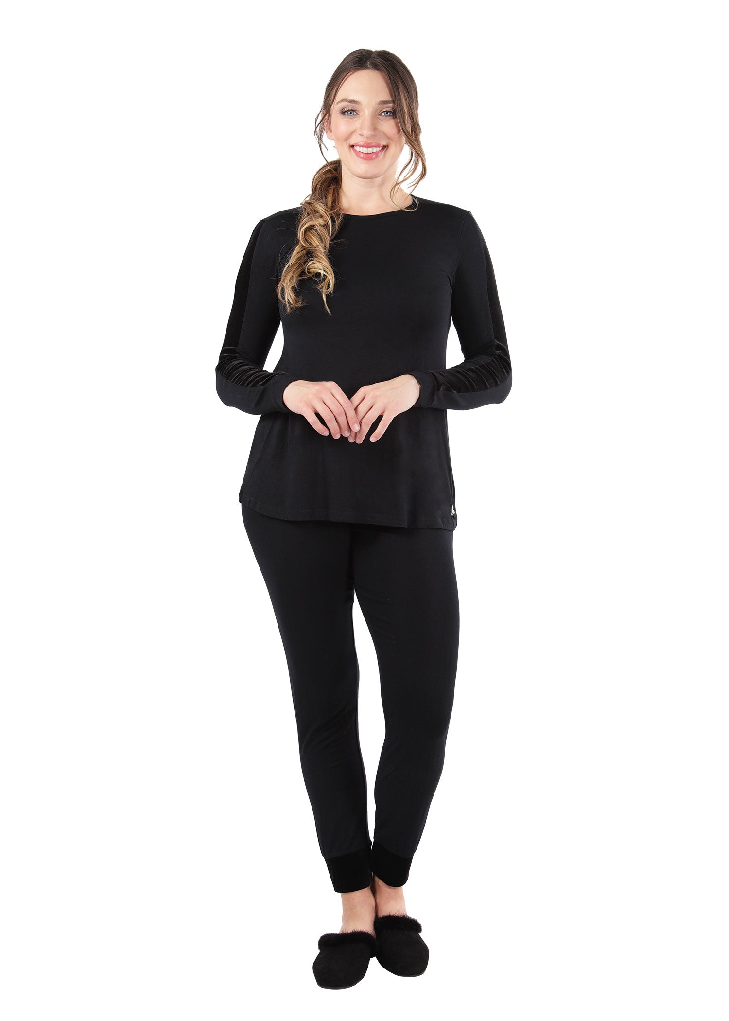 Women's Velvet Racing Stripe Trim Long Sleeve Pajama Set : Color: Black
