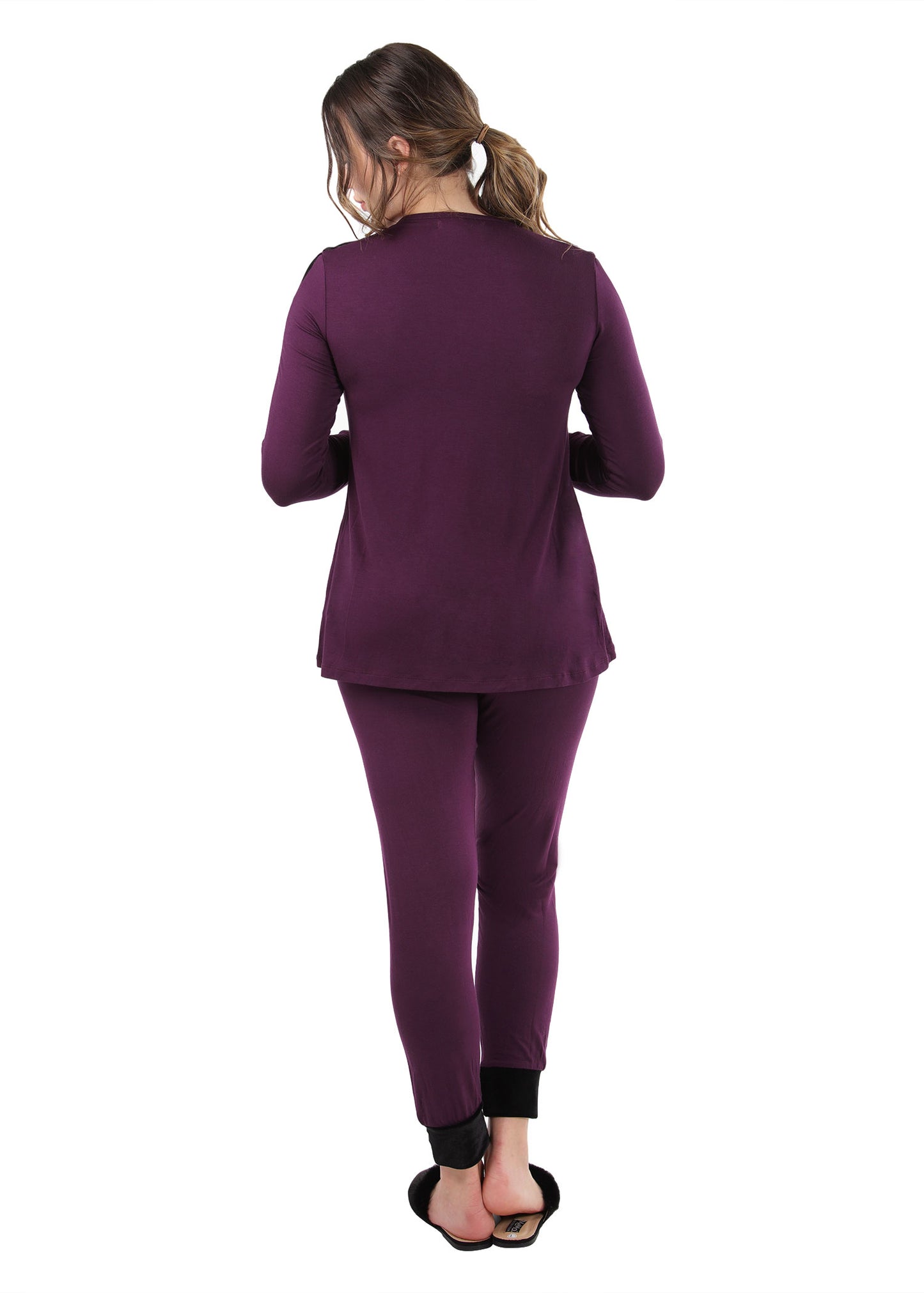 Women's Velvet Racing Stripe Trim Long Sleeve Pajama Set : Color: Grape