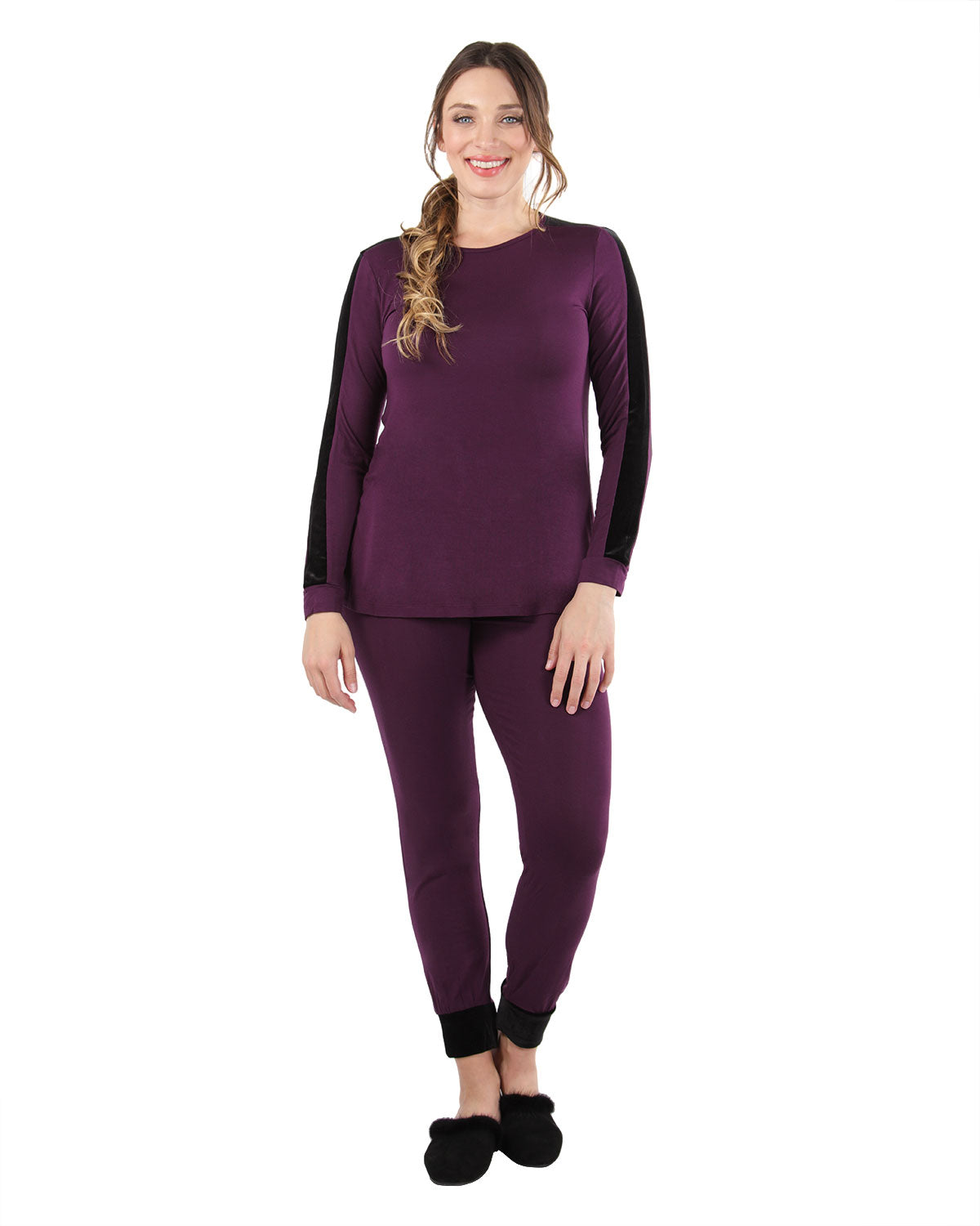 Women's Velvet Racing Stripe Trim Long Sleeve Pajama Set : Color: Grape