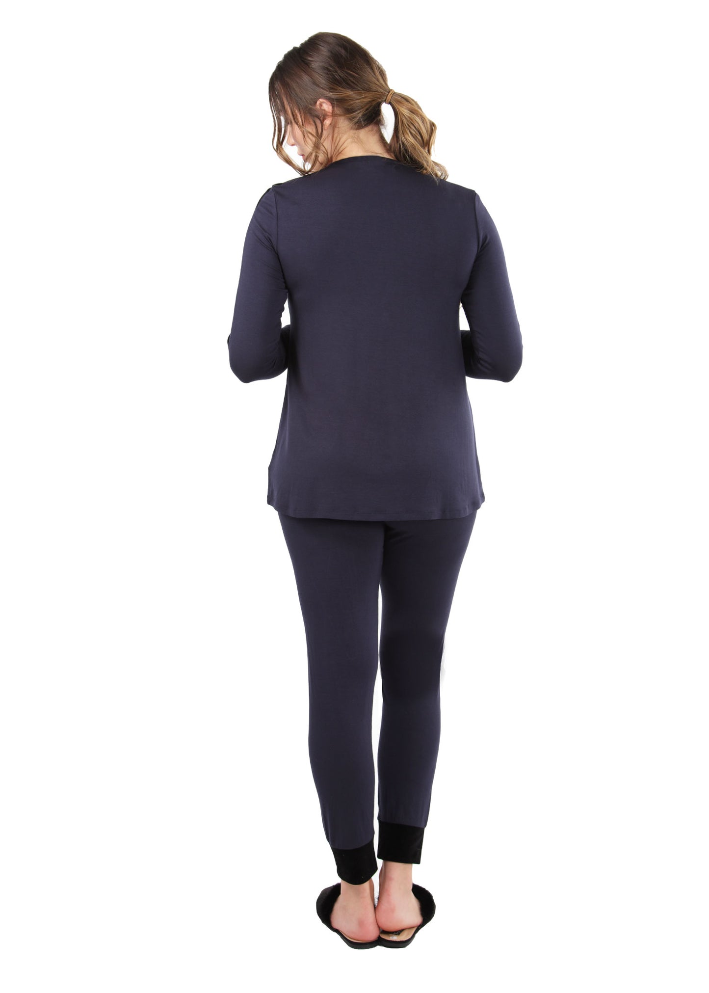 Women's Velvet Racing Stripe Trim Long Sleeve Pajama Set : Color: Navy