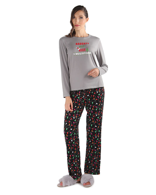 Women's Naughty But Nice Holiday Lights Two-Piece PJ Set : Color: Gray