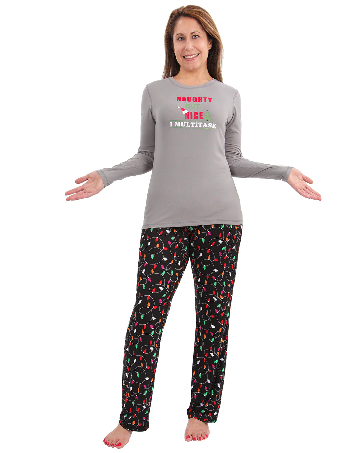 Women's Naughty But Nice Holiday Lights Two-Piece PJ Set : Color: Gray