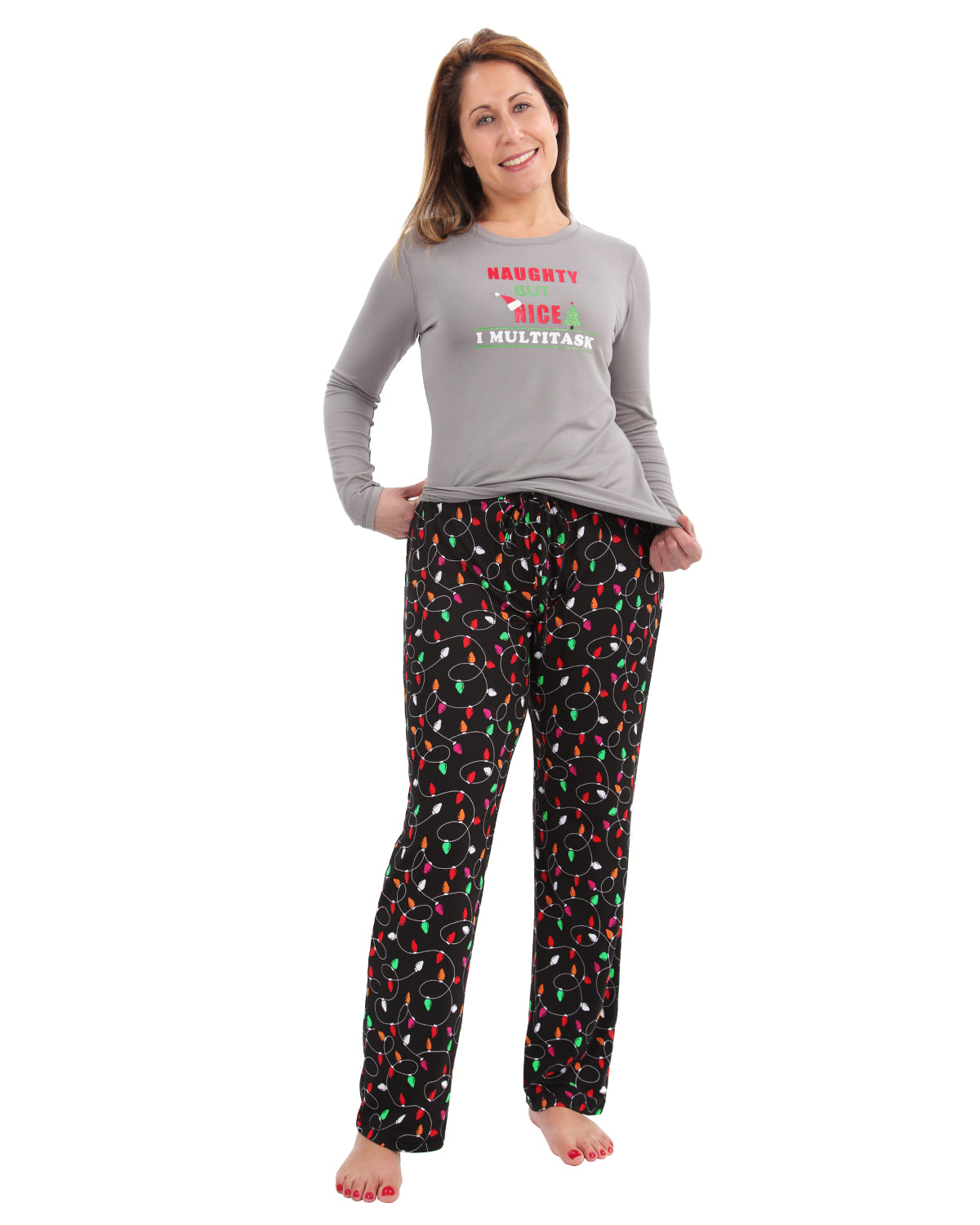 Women's Naughty But Nice Holiday Lights Two-Piece PJ Set : Color: Gray