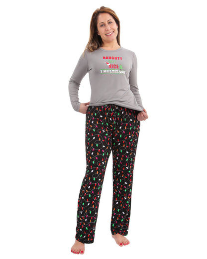 Women's Naughty But Nice Holiday Lights Two-Piece PJ Set : Color: Gray