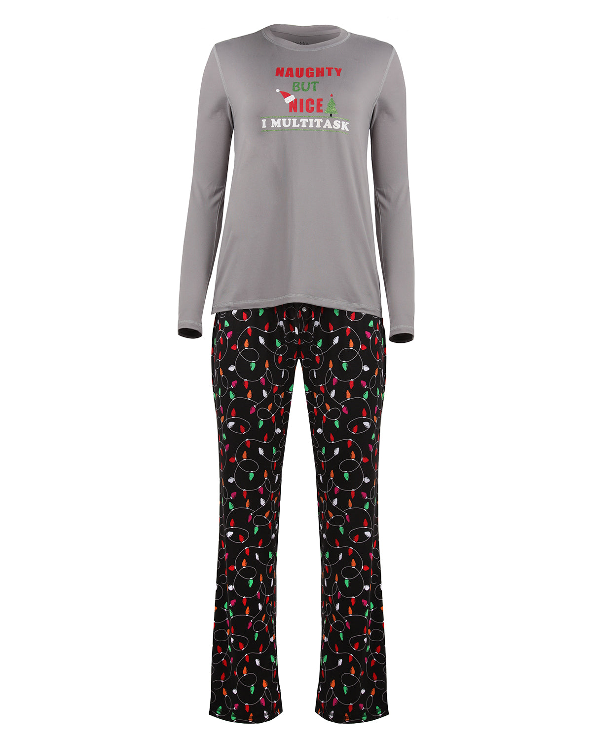 Women's Naughty But Nice Holiday Lights Two-Piece PJ Set : Color: Gray