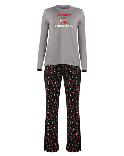 Women's Naughty But Nice Holiday Lights Two-Piece PJ Set : Color: Gray