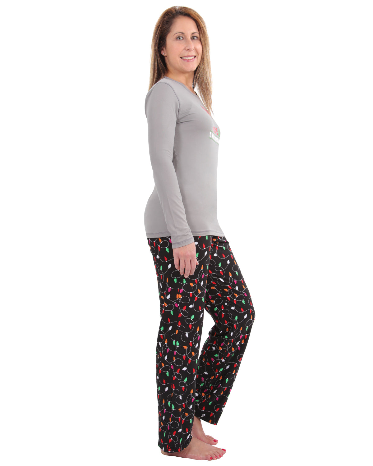 Women's Naughty But Nice Holiday Lights Two-Piece PJ Set : Color: Gray