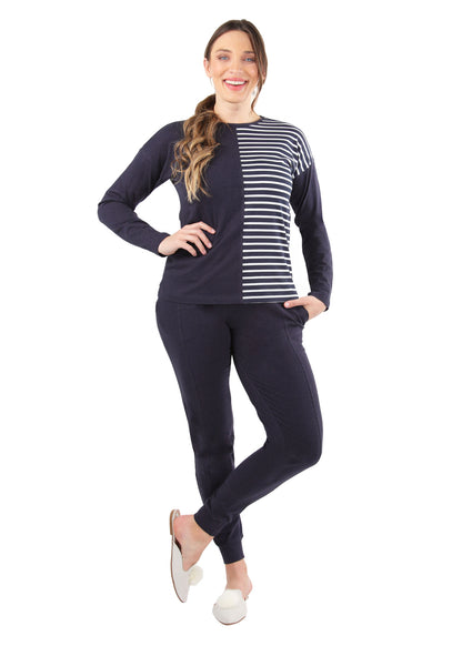 Women's 100% Cotton Breton Stripe Two Tone Pajama Set : Color: Blue Heather