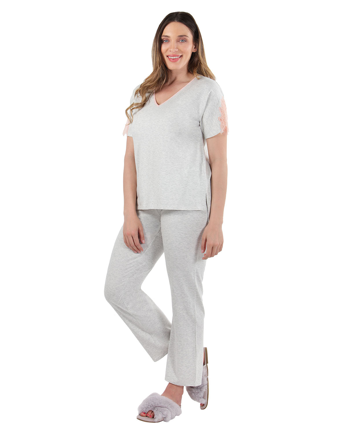 Women's Cotton Blend Lace Trim Short Sleeve Top and Pants Sleep Set : Color: Light Gray Heather