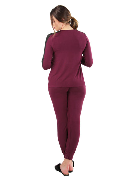 Women's Satin Trim Long Sleeve Matching Pajama Set : Color: Aubergine
