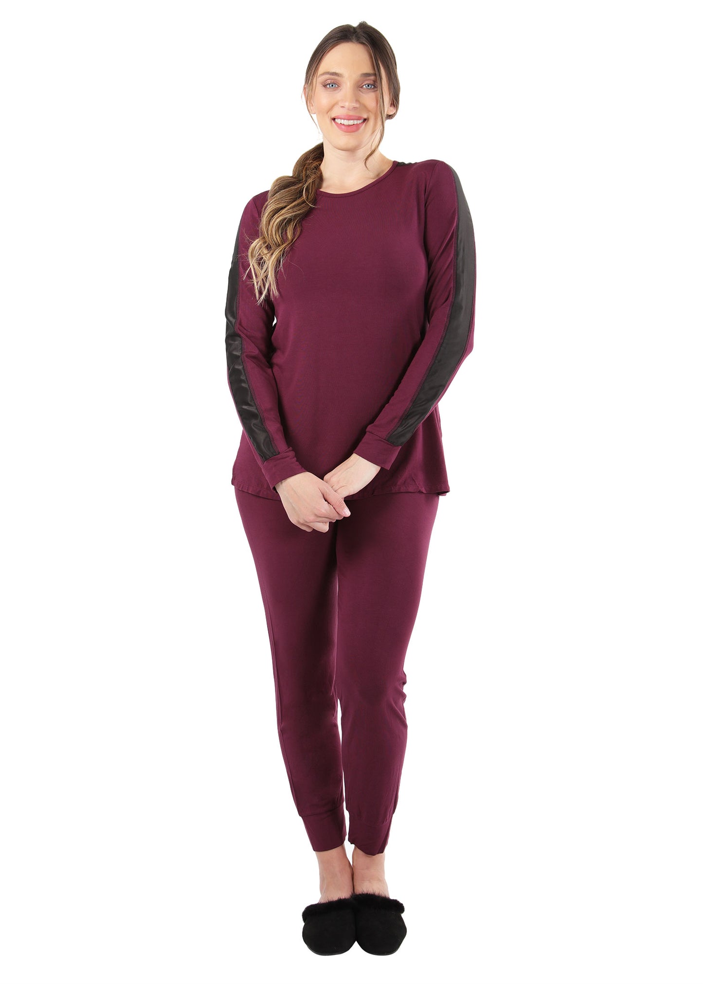 Women's Satin Trim Long Sleeve Matching Pajama Set : Color: Aubergine