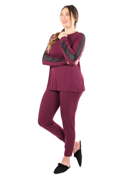 Women's Satin Trim Long Sleeve Matching Pajama Set : Color: Aubergine