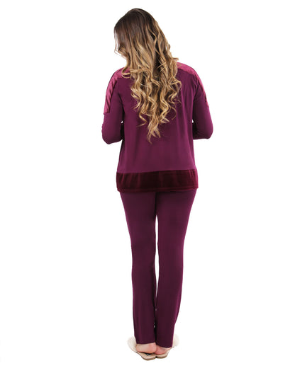 Women's Velour Luxe Frosted Trim Ultra-Soft Pajama Set : Color: Burgundy
