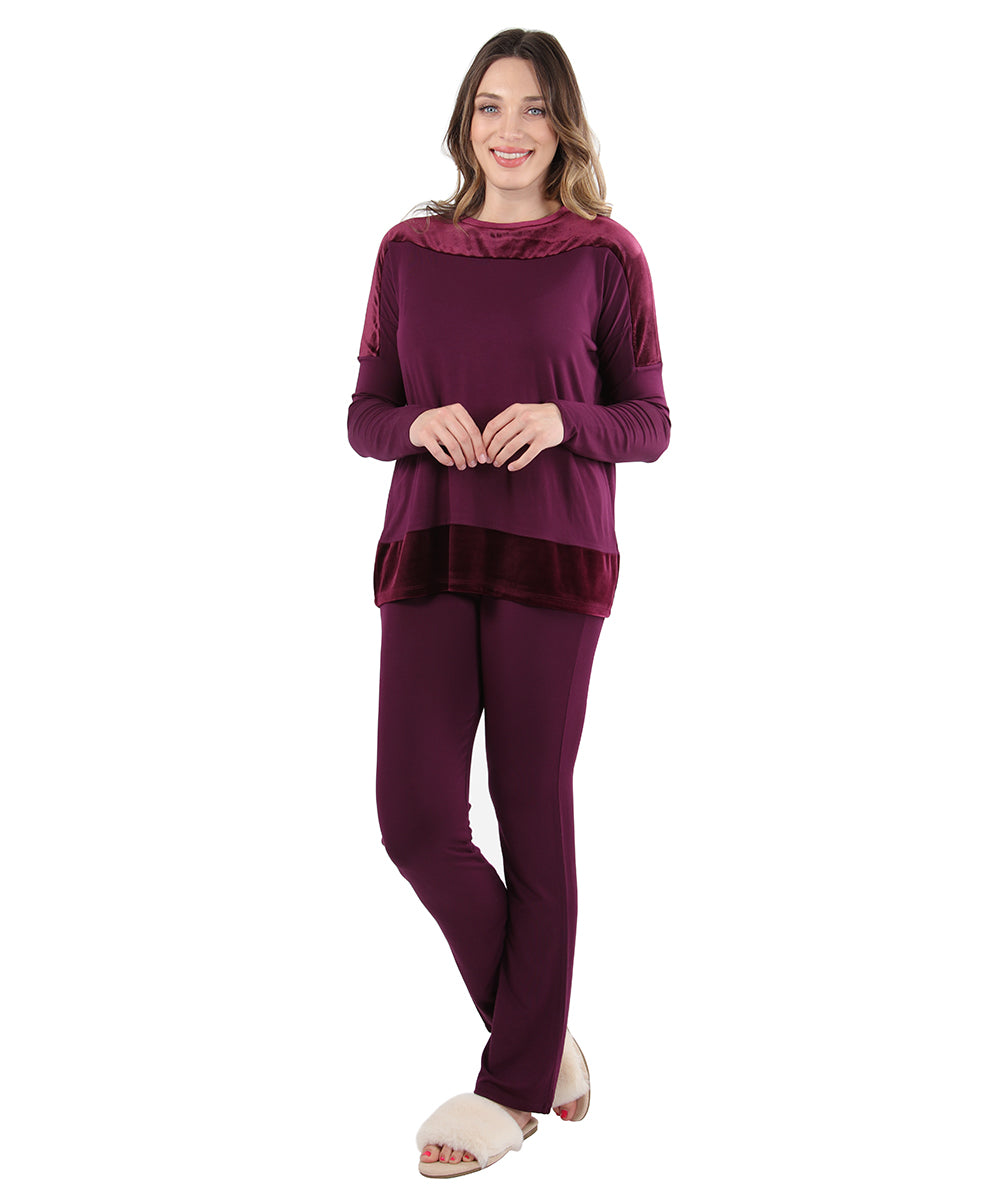 Women's Velour Luxe Frosted Trim Ultra-Soft Pajama Set : Color: Burgundy