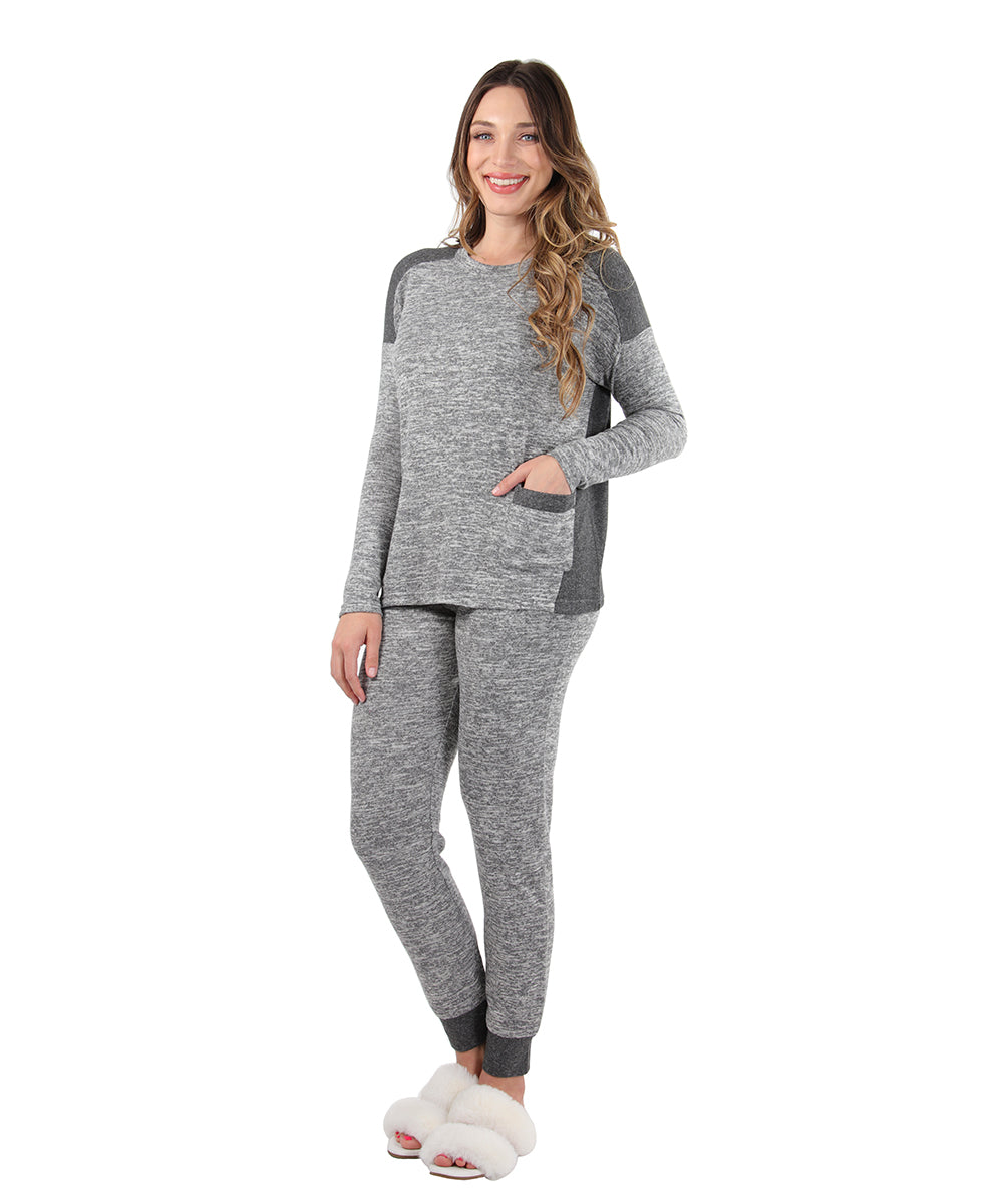 Women's Colorblock Heathered Sweater-Knit Pajama Set : Color: Medium Gray
