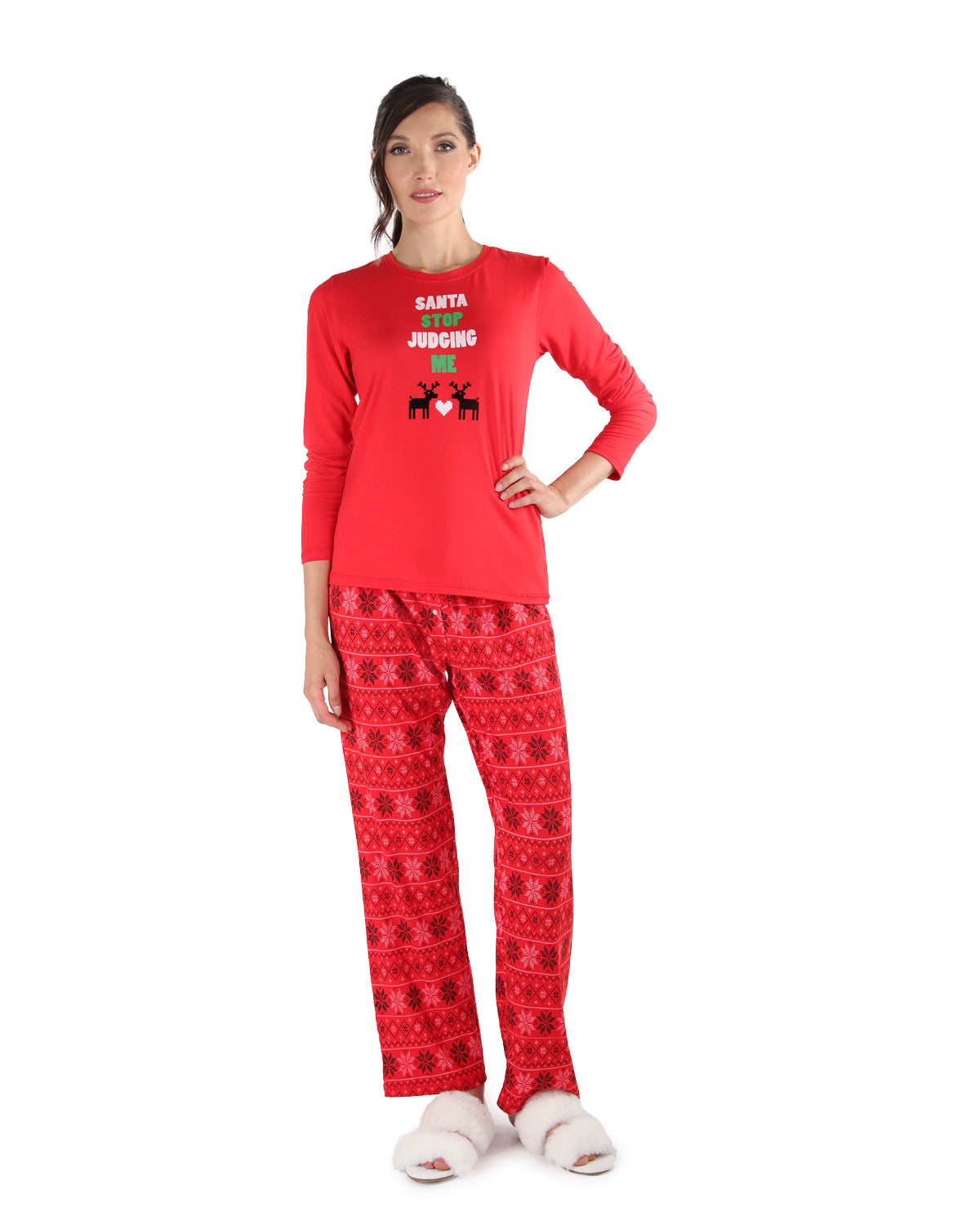 Women's Santa Don't Judge Me Snowflake Love Two-Piece PJ Set : Color: Red