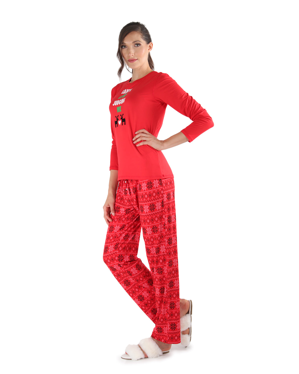 Women's Santa Don't Judge Me Snowflake Love Two-Piece PJ Set : Color: Red