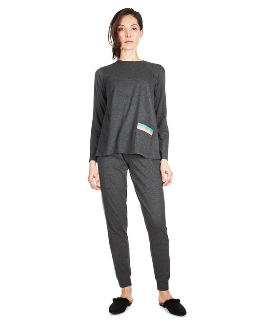 Women's 100% Cotton Three Tone Striped Camper Pajama Set : Color: Charcoal Heather