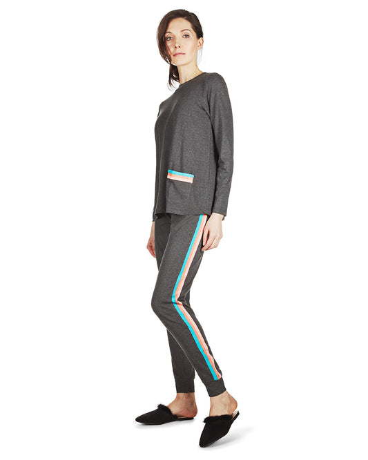 Women's 100% Cotton Three Tone Striped Camper Pajama Set : Color: Charcoal Heather
