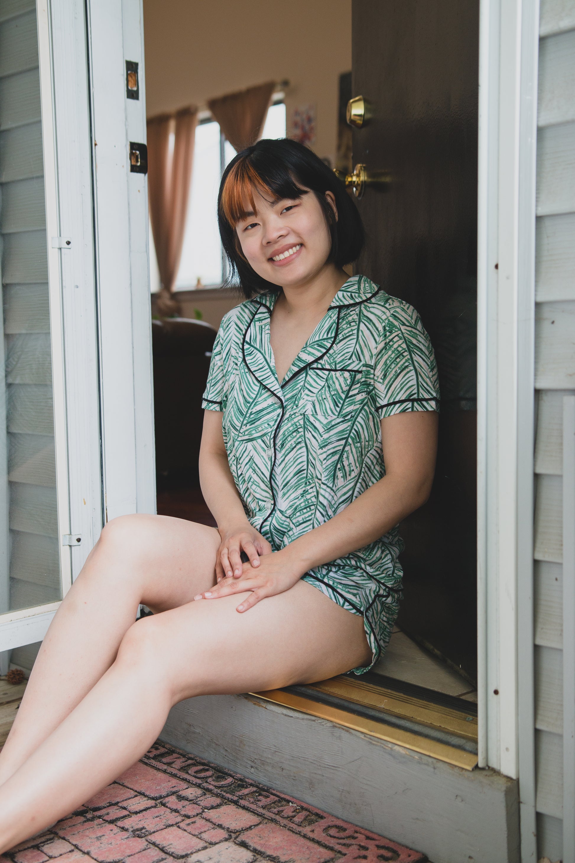 Women's Palm Play Notch Collar Cotton Blend Pajama Set : Color: Green