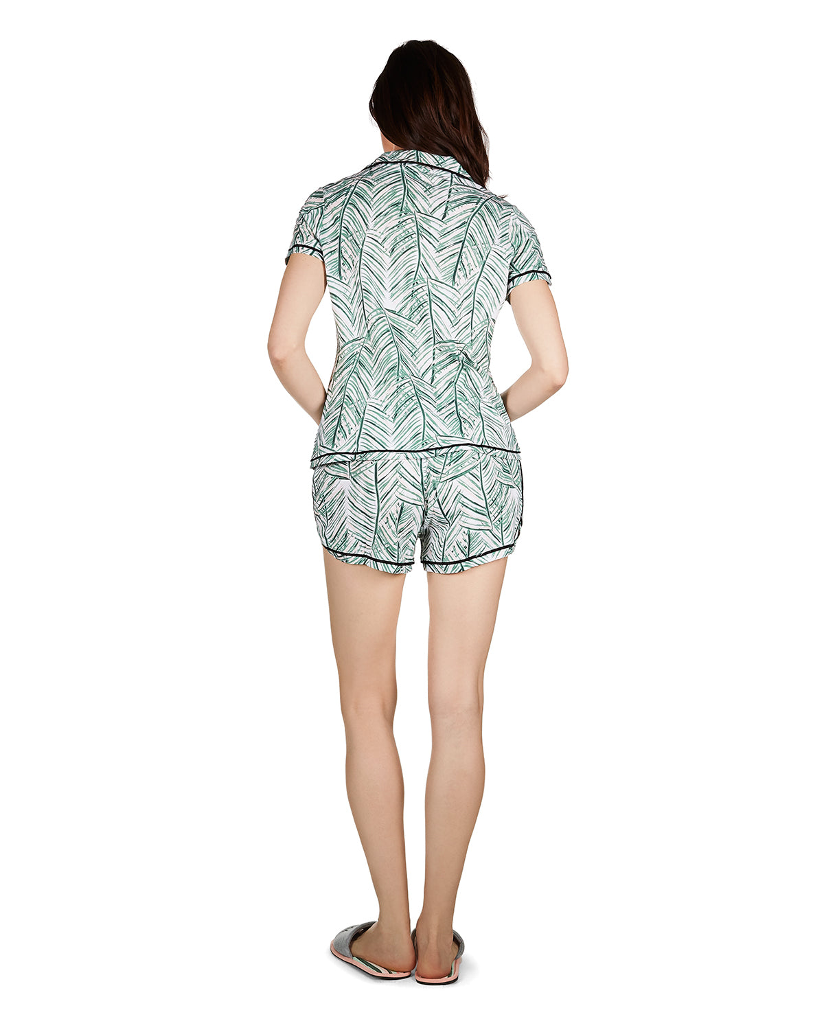 Women's Palm Play Notch Collar Cotton Blend Pajama Set : Color: Green