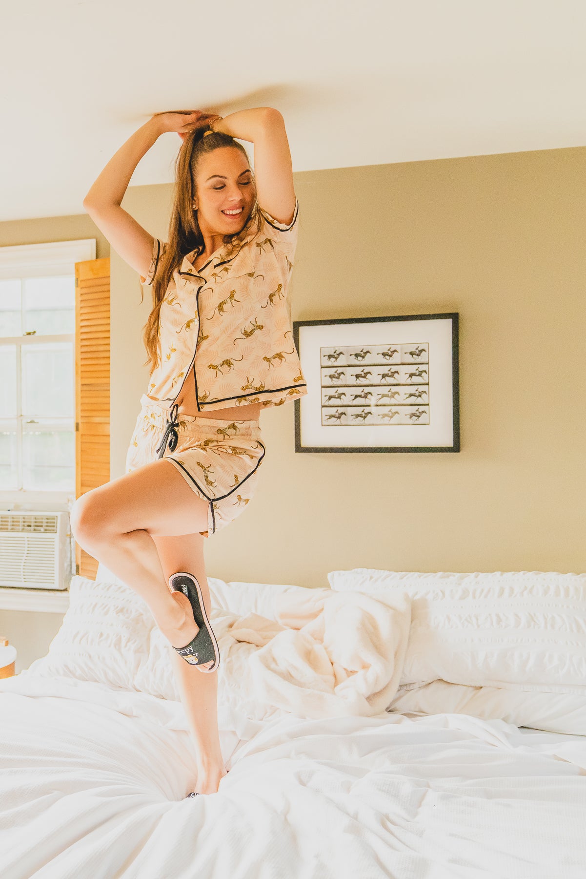 Women's Jungle Cat Notch Collar Cotton Blend Pajama Set : Color: Pink