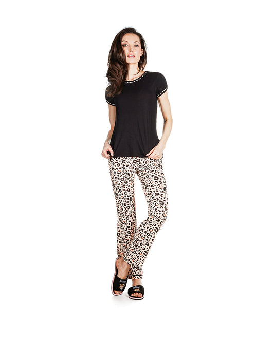 Women's Jungle Cat T-Shirt Cotton Blend Pajama Set : Color: Black