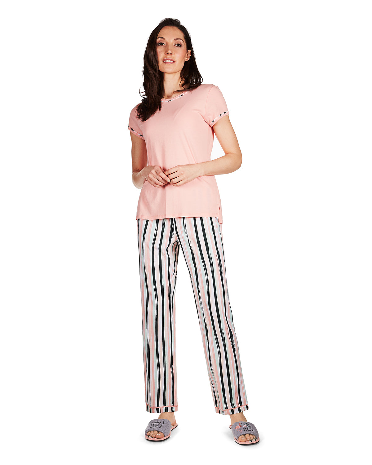 Women's Get Tropical T-Shirt and Striped Pants Pajama Set : Color: Pink