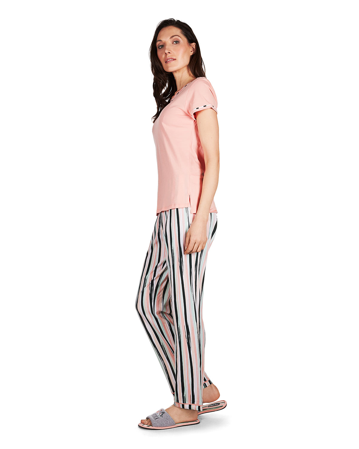 Women's Get Tropical T-Shirt and Striped Pants Pajama Set : Color: Pink