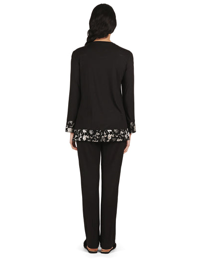 Women's Floral Flocked Ultra-Soft Pajama Set : Color: Black