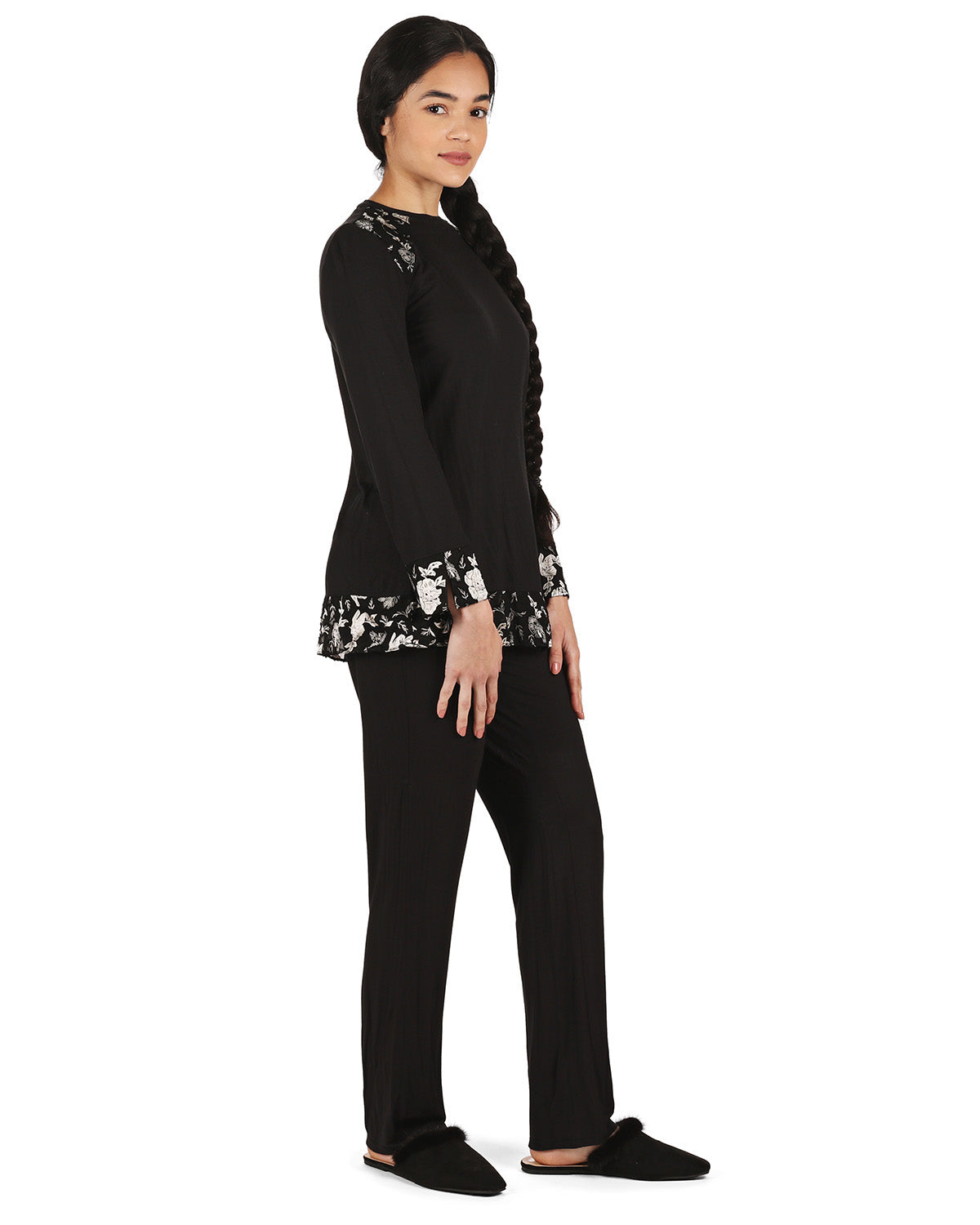 Women's Floral Flocked Ultra-Soft Pajama Set : Color: Black