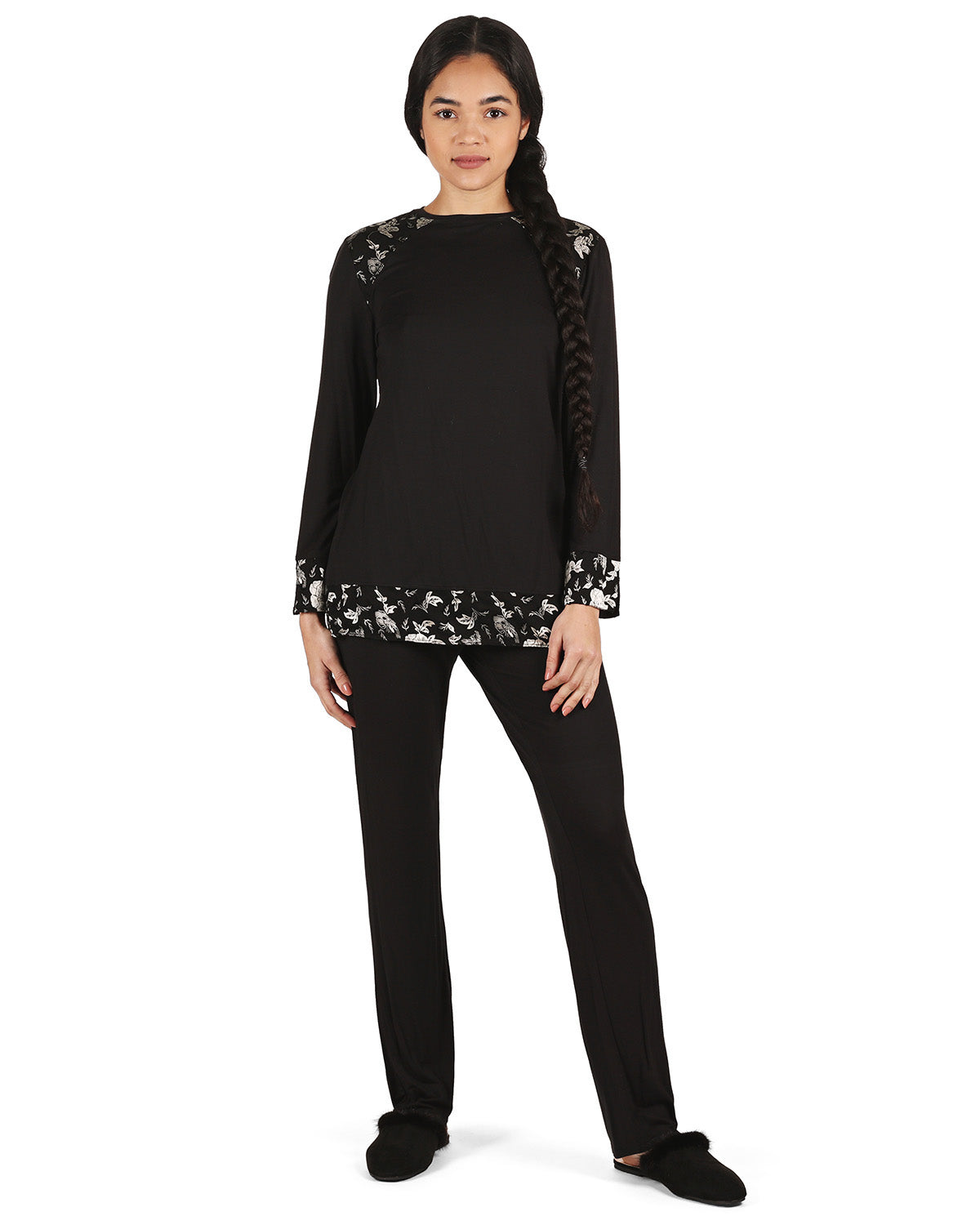 Women's Floral Flocked Ultra-Soft Pajama Set : Color: Black